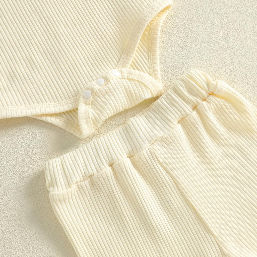 Newborn Baby Coming Home Outfit Ribbed Romper and Pants Set (Beige, Newborn)