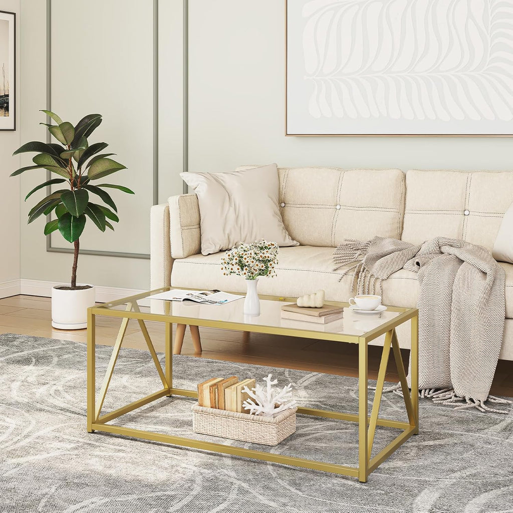 Glass Coffee Table, Gold Coffee Tables, Gold Glass Coffee Table,1 Layer Center Table, Modern, 39.4 x 19.7 x ...