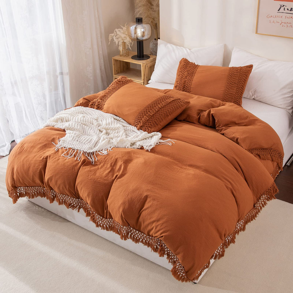 Rust Tassel Pillowcases, Burnt Orange Boho Pillow Cases Set of 2, 100% Washed Microfiber, Boho Hand-Made Tassel