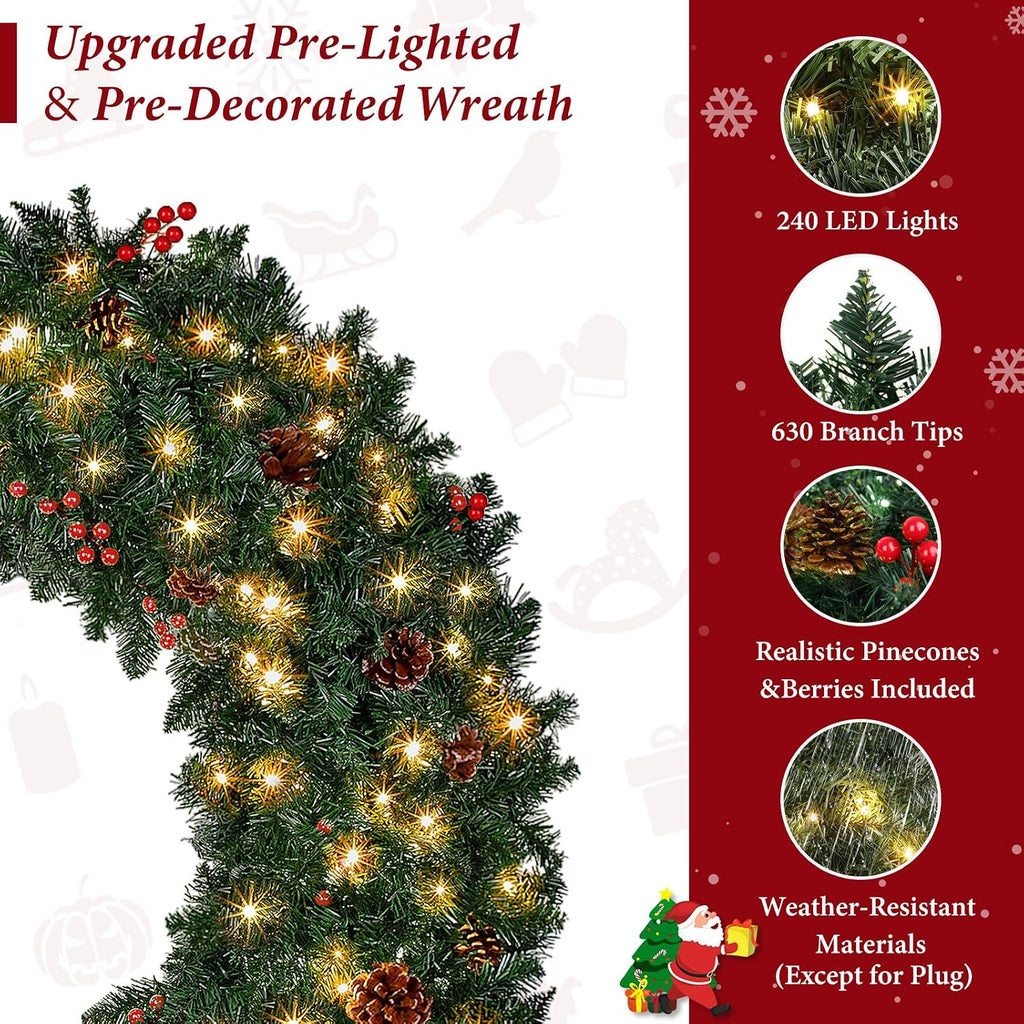 48in Large Artificial Pre-Lit Christmas Wreath, 240 LED Warm White Lights & 630 PVC Tips, Xmas Wreath Holiday Accent