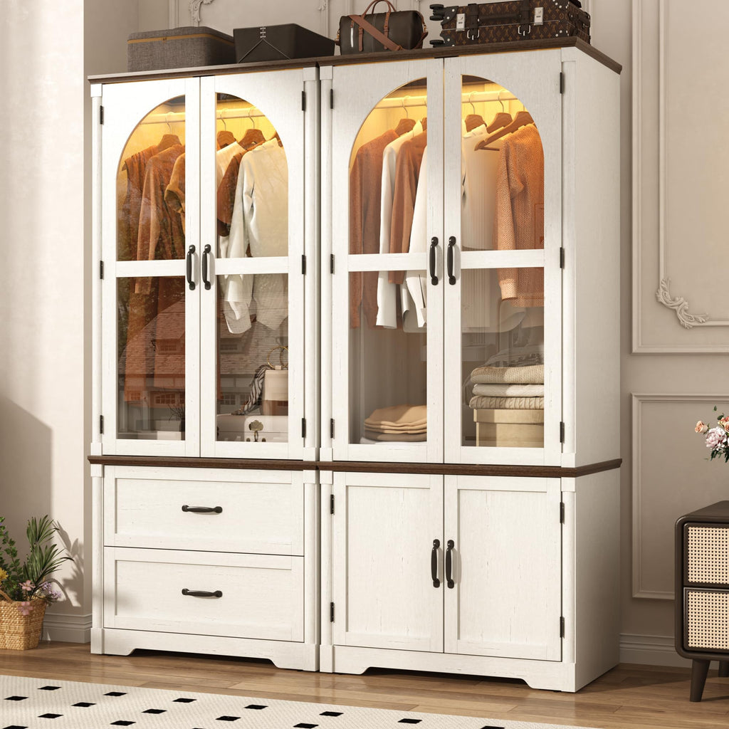 Tall Farmhouse 4 Doors Armoire Wardrobe Closet with LED, 72" Freestanding Arched Wardrobe Closet Cabinet w Glass