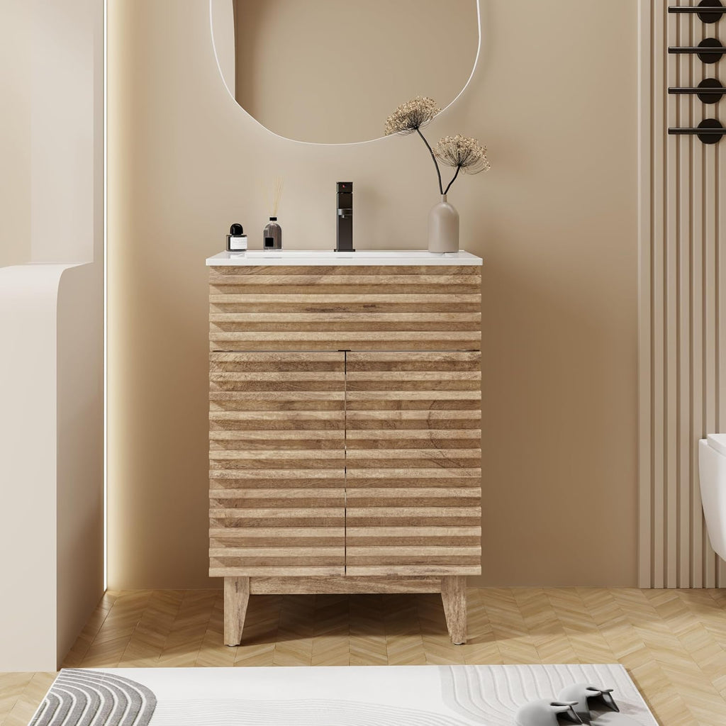 24-Inch Mid-Century Bathroom Vanity with Sink – Freestanding Cabinet with Wood Stripe Design, Adjustable Shelf, Light Walnut