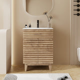 24-Inch Mid-Century Bathroom Vanity with Sink – Freestanding Cabinet with Wood Stripe Design, Adjustable Shelf, Light Walnut