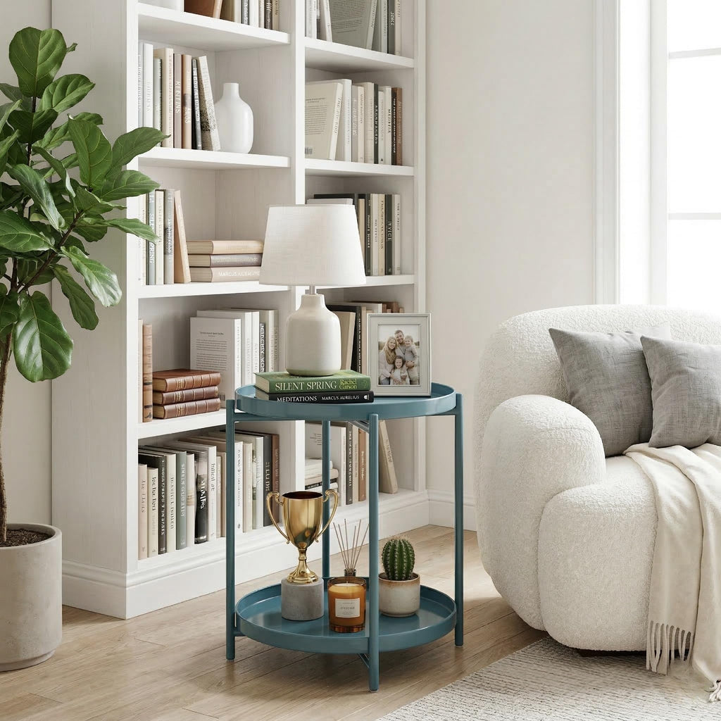 2 Tier Round Side Table, Folding Round Metal End Table Small Nightstand with Two Removable Tray Living Room Bedside