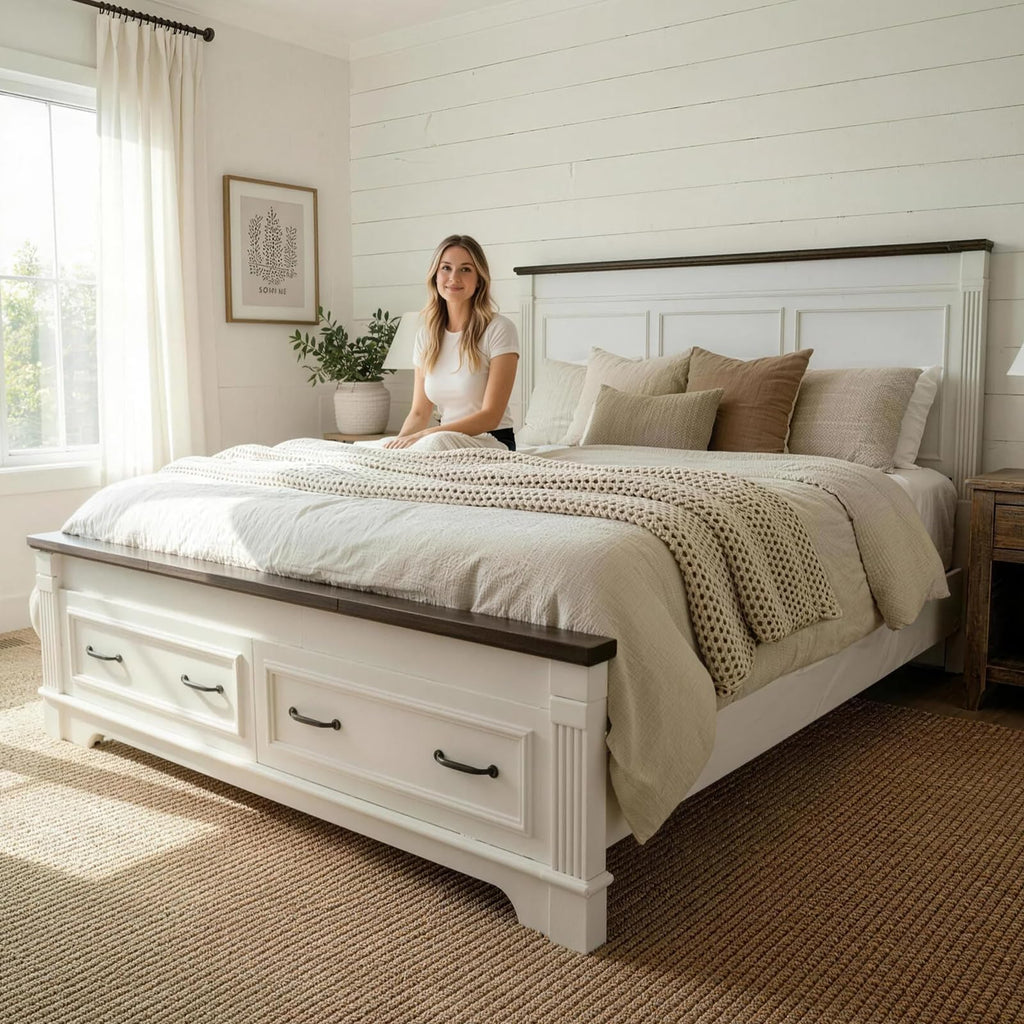 Farmhouse Bed Frame with Storage Drawers Headboard Footboard