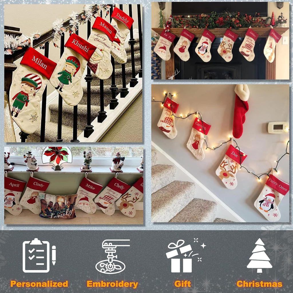 18" Dia Personalized with Embroidered Names, Lovely Christmas Angel Designs Quality Linen Stockings for Holiday