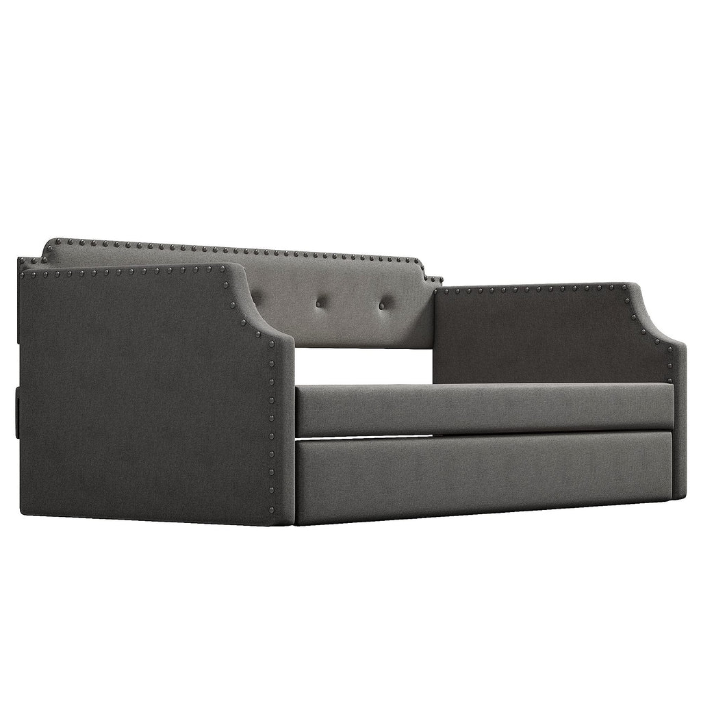 Twin Size Daybed With Trundle, Upholstered Modern Tufted Sofa Bed, Linen Fabric, Solid Wood Frame, Grey