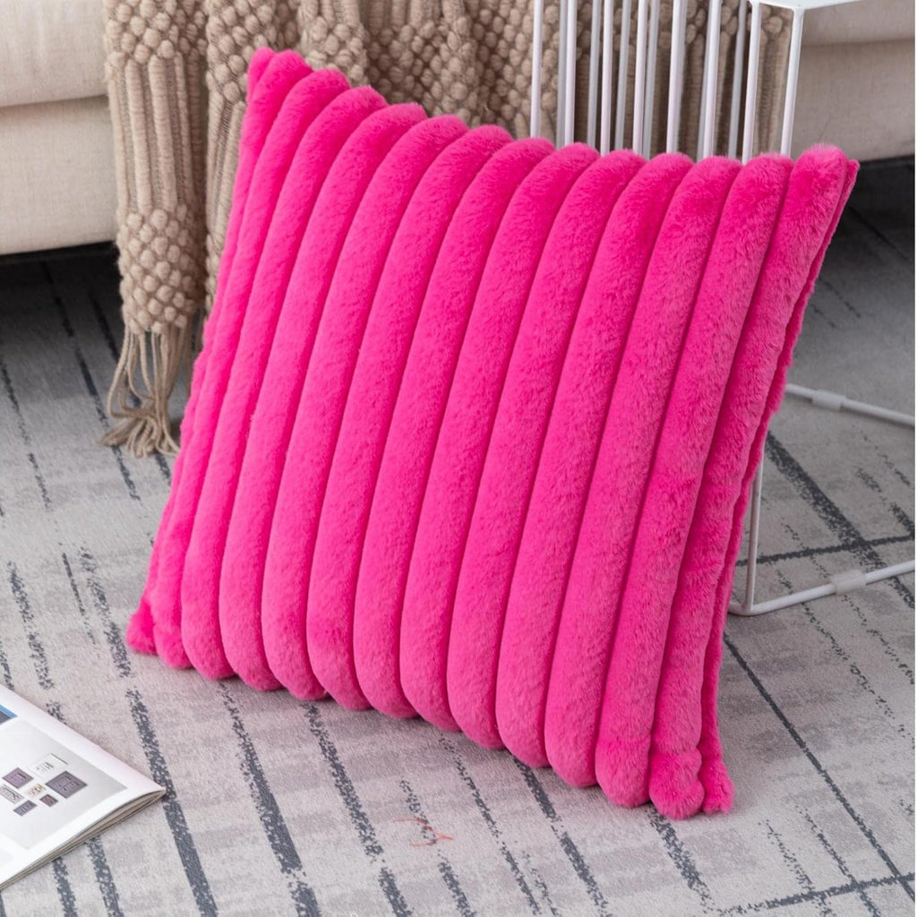 Set of 2 Hot Pink Faux Fur Decorative Throw Pillow Covers Fluffy Striped Pillowcase Cushion Covers 18 x 18 Inch Decor