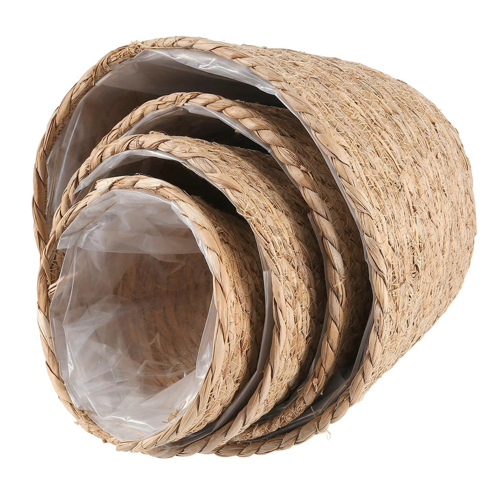 Set of 4 Seagrass Planter Basket, 6" 7" 9" 10" Hand Woven Plant Basket with Waterproof Plastic Liner, Round Natural