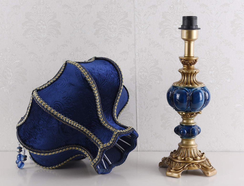 Victorian Style Table Lamp with Blue Fabric Lampshade, Handmade Antique Varnished Resin Lamp Base, Small Decorative