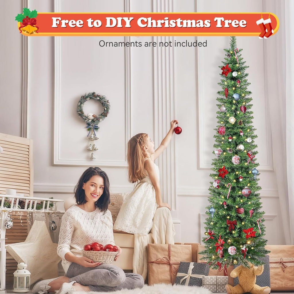 Green Pencil Artificial Christmas Tree Pre-Lit with Warm Lights, Slim Xmas Tree