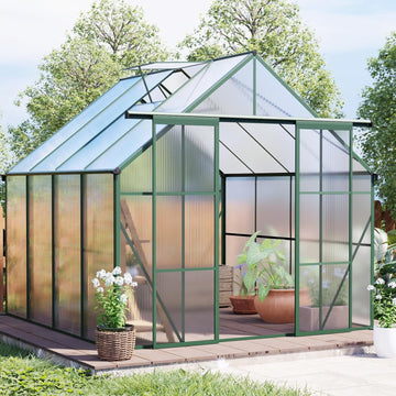 8x8 FT Green Outdoor Walk-in Polycarbonate Greenhouse Dual Sliding Doors Adjustable Roof Vent Aluminum Frame