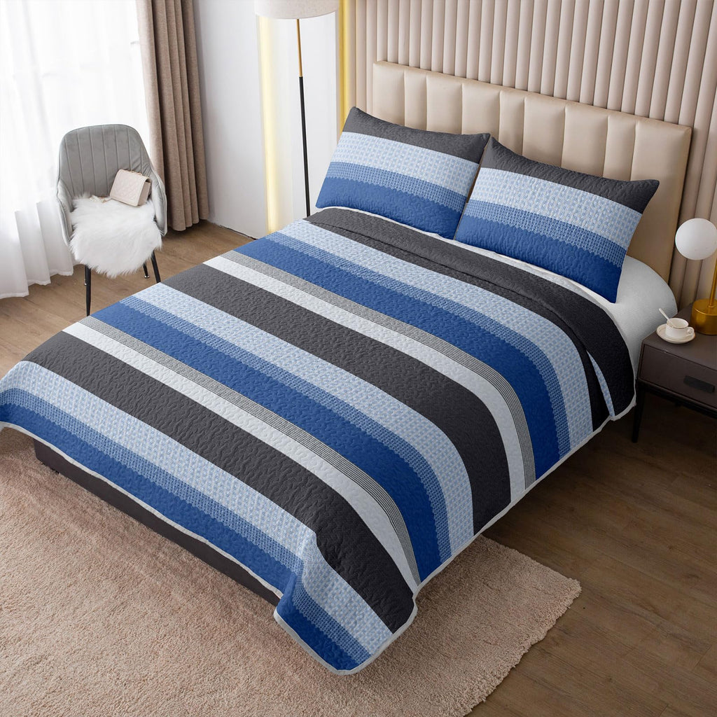 Grey and Blue Stripe Quilt Set, Grey Blue Boho Geometric Bedspread, 3 Pieces Patchwork Stripes Bed Cover