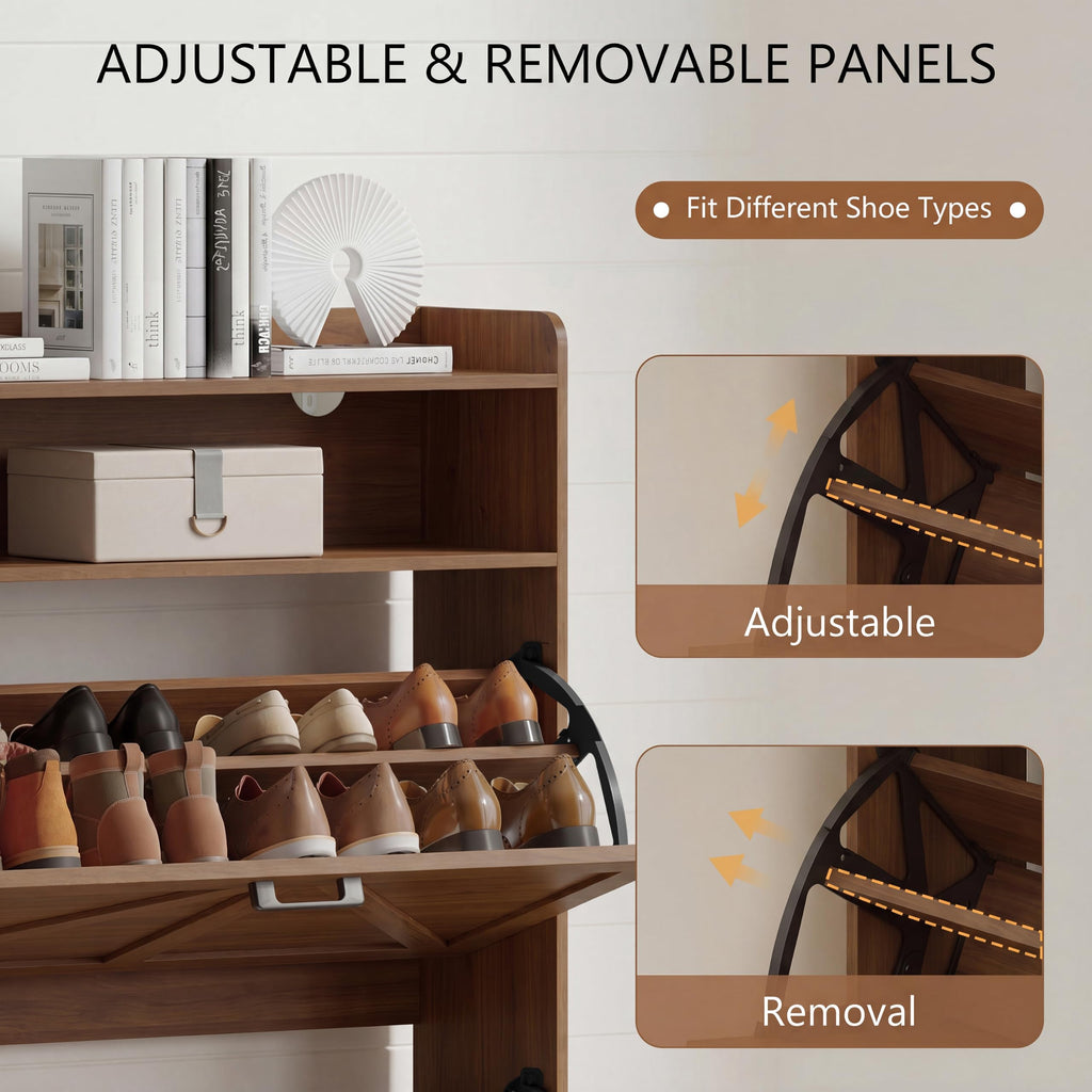 Shoe Storage Cabinet with 2 Flip Drawers, Entryway Shoe Rack, Walnut