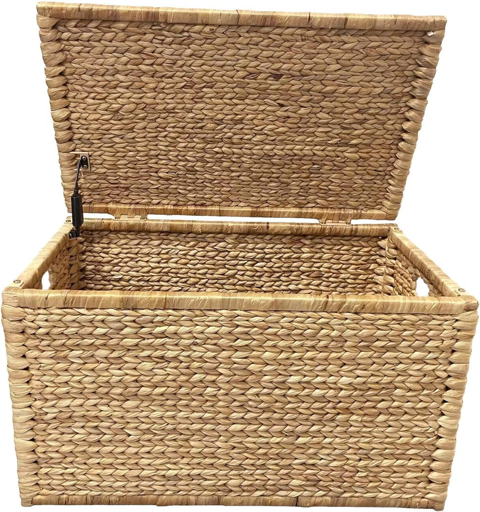 Water Hyacinth Wicker Storage Trunk, Natural, 30x17.5x17.5 Inches | Safety Hinge, Metal Frame, Decorative Blanket