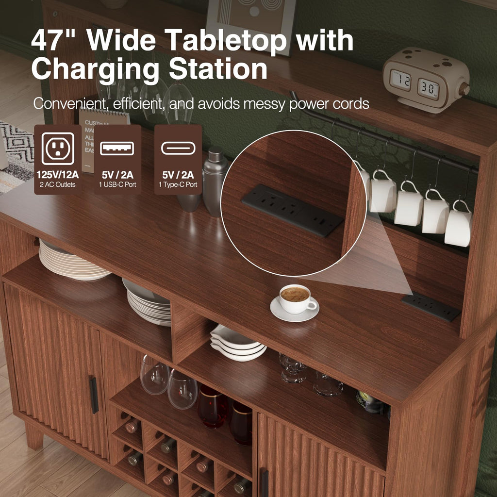 Fluted Buffet Cabinet with Storage, Modern Coffee Bar Cabinet, Walnut