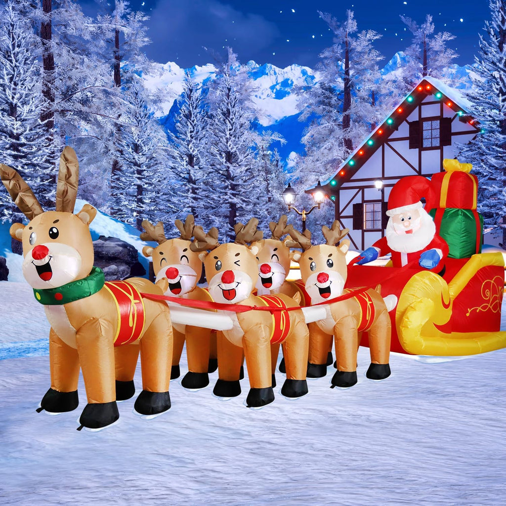 12 FT Christmas Inflatable Outdoor Santa Claus on Sleigh with Five Reindeer, Building LED Lights, Blow Up Yard
