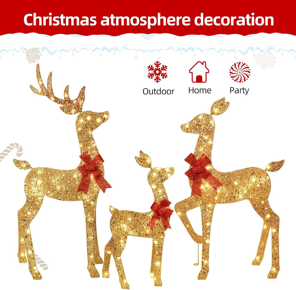 3-Piece 2D Lighted Christmas Deer Family Set - Large Outdoor Yard Reindeer Holiday Decoration with 145 LED Lights