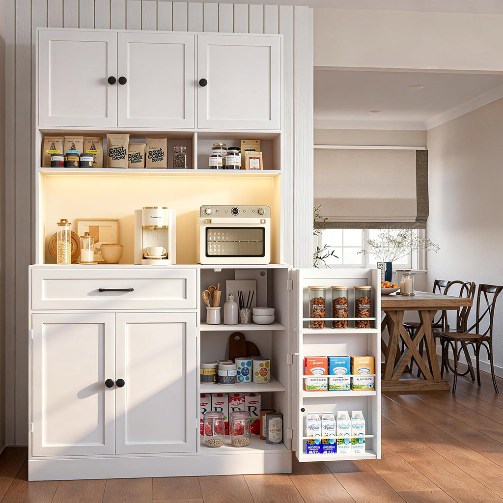 72" Kitchen Pantry Cabinet with LED Light and Charging Station Tall Pantry Storage Cabinet with Adjustable Shelves