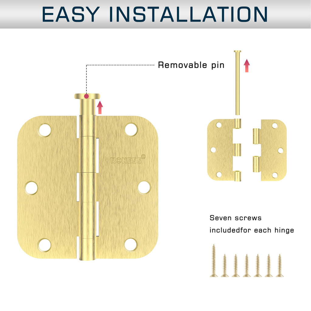 24 Pack Brushed Gold Door Hinges 3.5 Inch, 5/8" Radius Rounded, Standard Residential for Doors, Sturdy Hinges