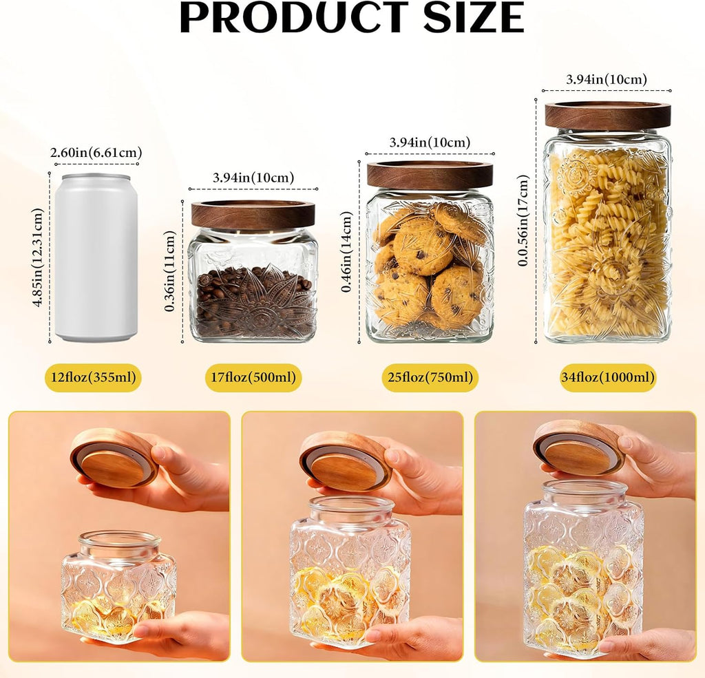 Vintage Glass Jar with Wood Lid - 24 OZ Airtight Canister Pantry Bathroom, Decorative Storage Container for Candy