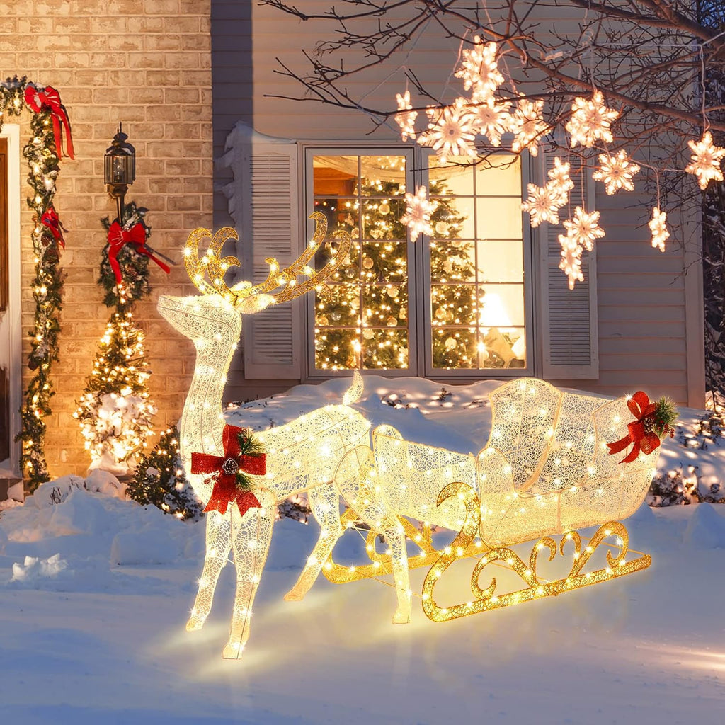 6 FT Christmas Lighted Reindeer & Santa's Sleigh Set, Warm White