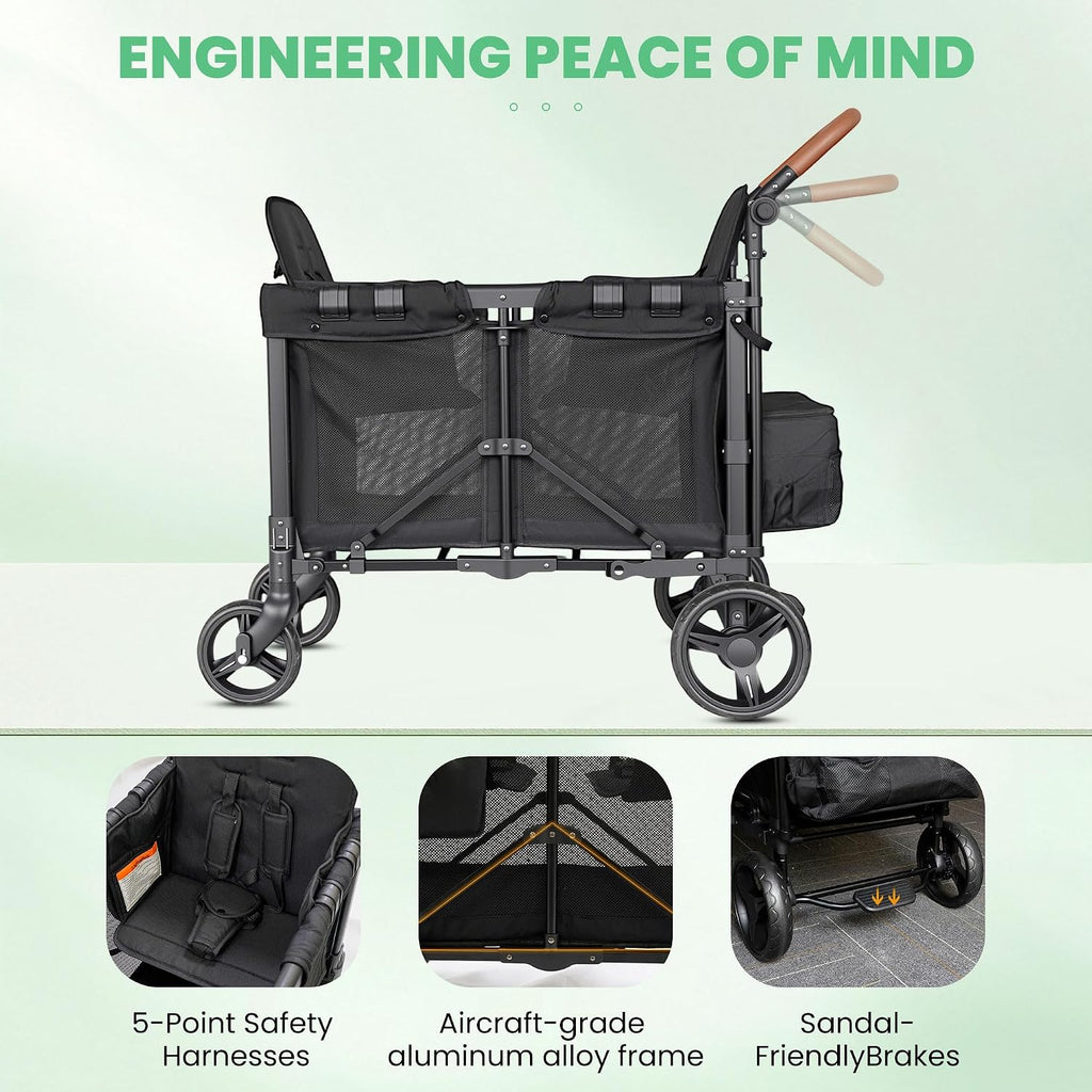 JML002 Wagon Stroller for 2 Kids - Double Seater Push Stroller with Canopy | Collapsible Foldable Wagon for Kids