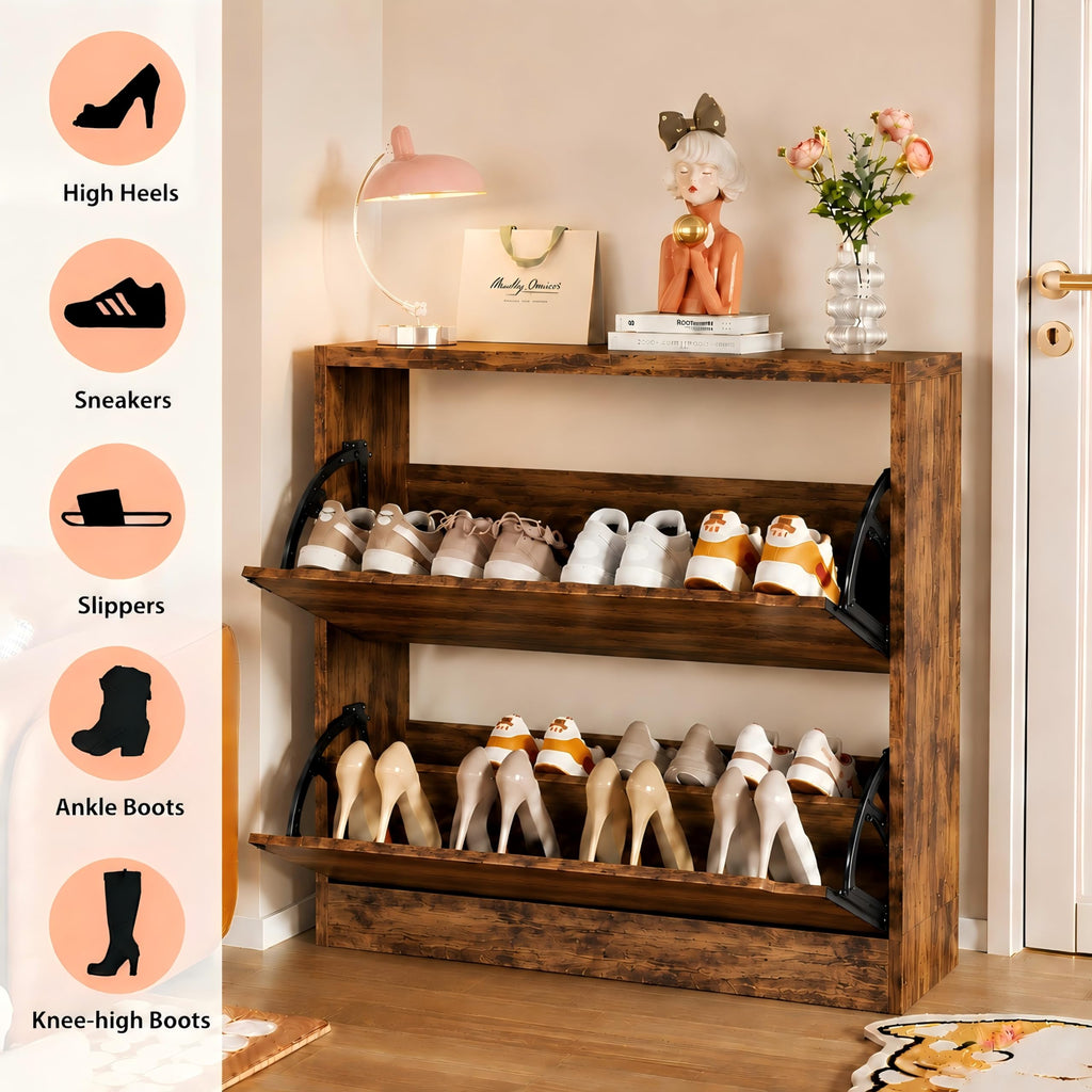 Brown Hidden Shoe Storage Cabinet with 2 Flip Drawers