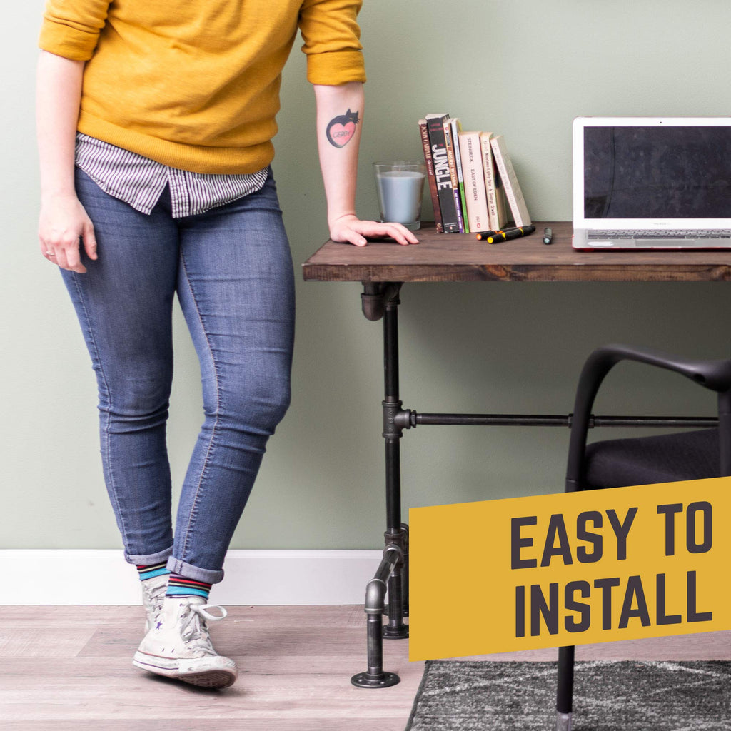 Industrial Pipe Desk Leg Set, Modern Home Office Writing or Computer Base Kit, Dark Grey Unfinished Steel Metal Pipe