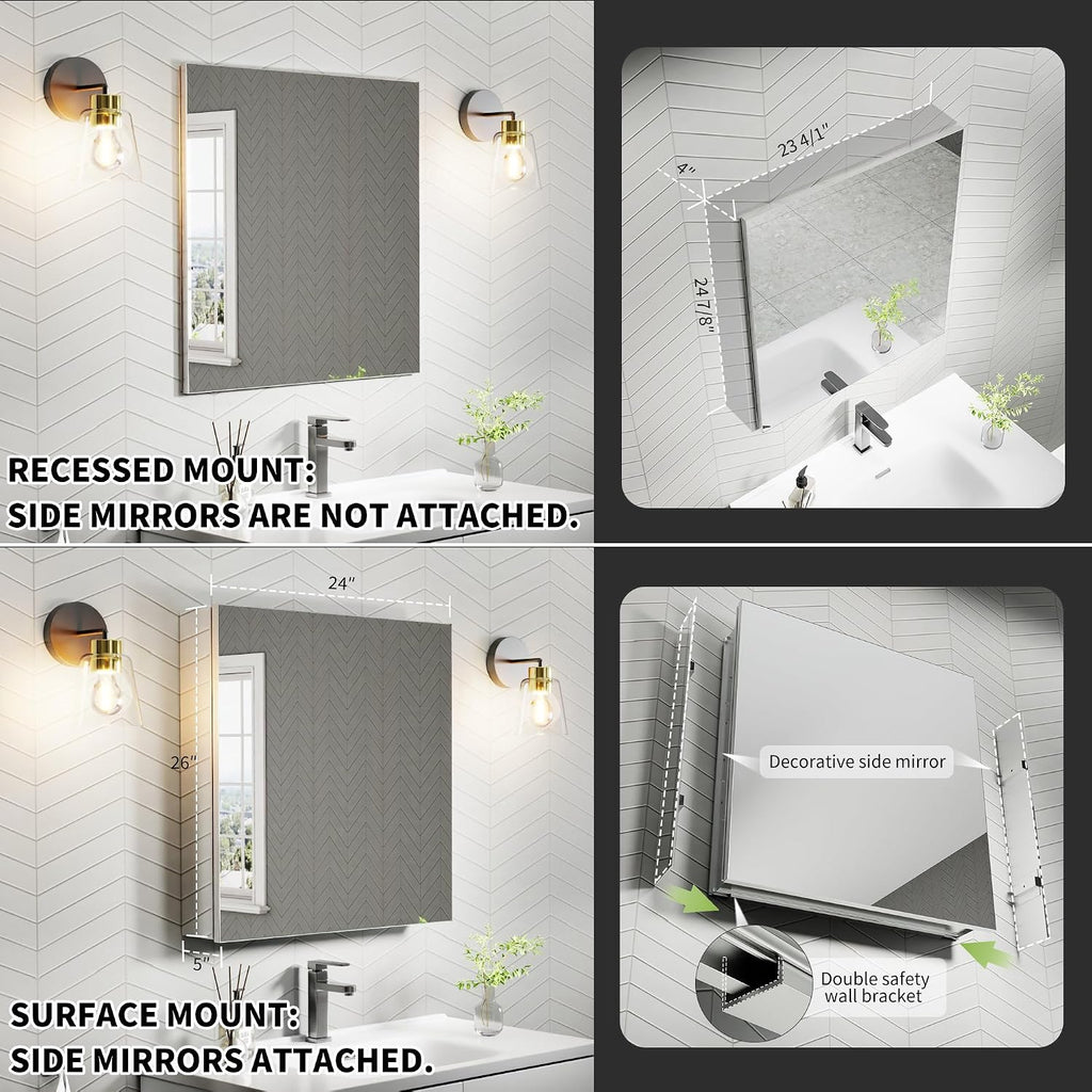 24x26 Inch Recessed Medicine Cabinet with Mirror, Aluminum Medicine Cabinet Mirror, Recessed or Surface Mount with 2