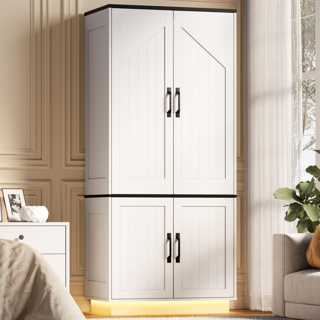 White Armoire Wardrobe Closet with 2 Doors and LED Lights