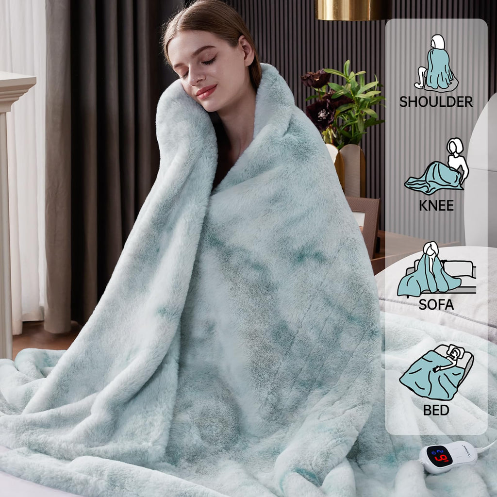 Heated Blanket, Soft Faux Rabbit Fur Electric Throw, 84"×90"