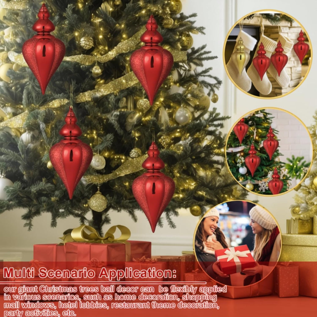 4 Pcs 9" Christmas Ball Ornament, Red Glitter Finial Drop Decor