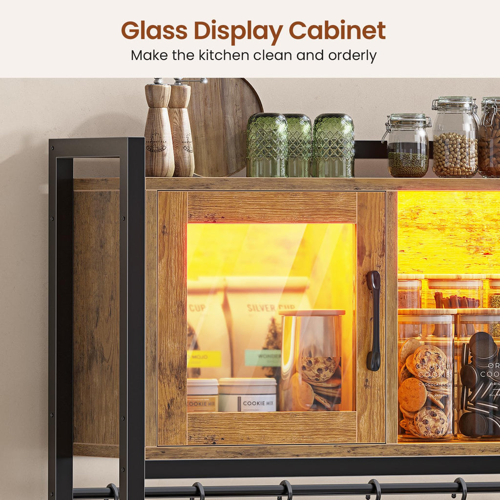 Bakers Rack with Power Outlet and LED Light, 47.2'' Microwave Stand with Storage, Kitchen Coffee Bar Cabinet with