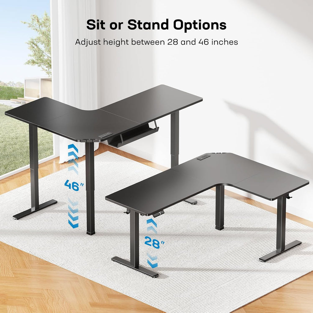 63′′ L-Shaped Standing Desk, Built-in Power Outlets, Black | 3 Memory Presets, Sturdy Steel Frame, 220 lbs Capacity