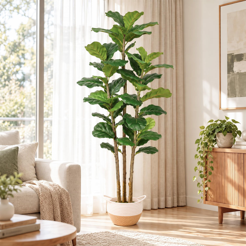 Fiddle Fig Tree Artificial 5FT Faux Trees Indoor with Planter & Basket