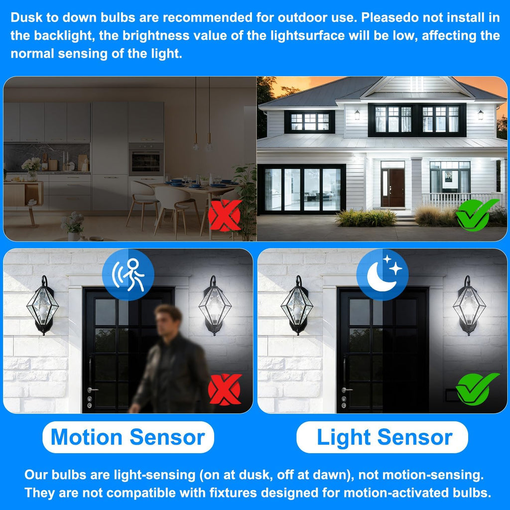 4 Pack A19 Dusk to Dawn Light Bulbs Outdoor, Auto On/Off Photocell Sensor LED Light Bulb for Porch & Security