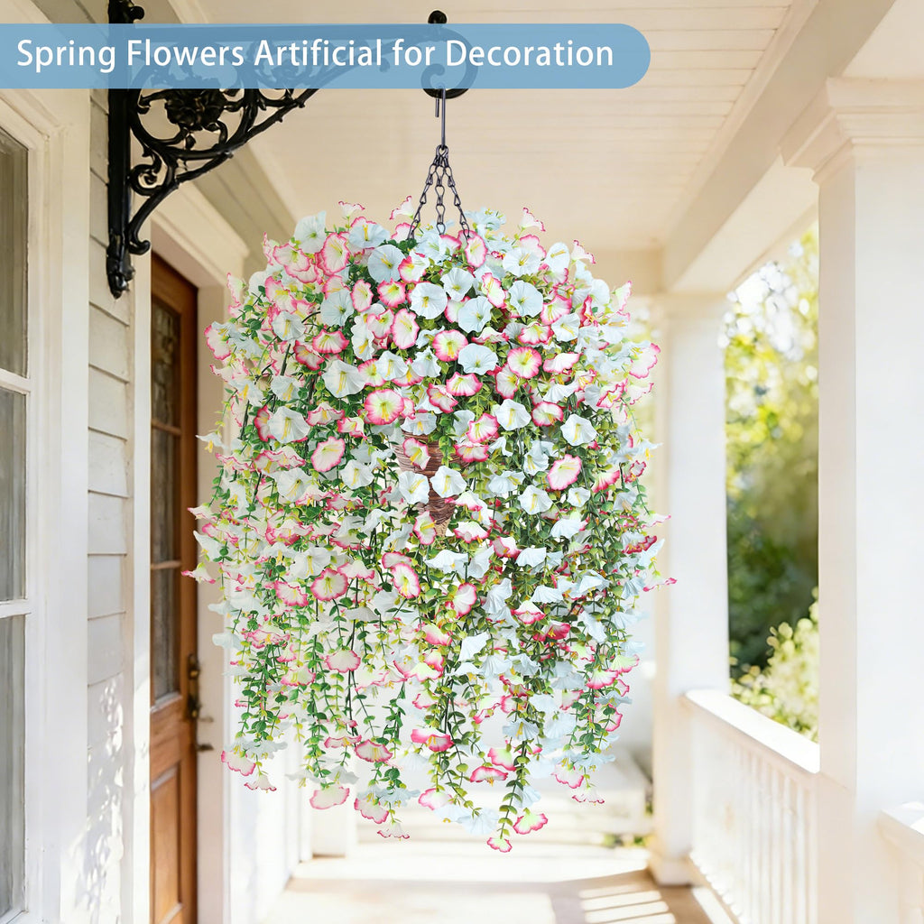 Artificial Hanging Flowers with Basket, 480 Blooms UV Resistant Faux Morning Glory Silk Plants, Fast & Easy Assembly