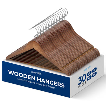30 Pack Wooden Clothes Hangers - Heavy Duty Wood with Non-Slip Notches, 360° Swivel Chrome Hook & Pants Bar - Vintage