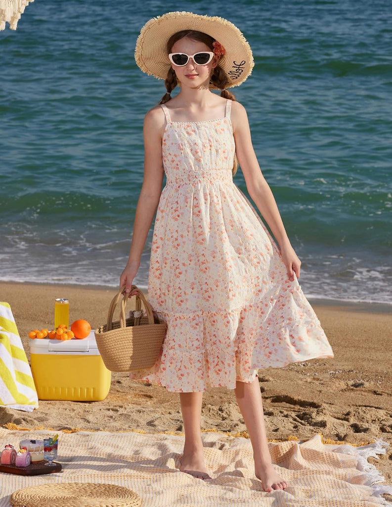 Girls Summer Floral Dress Kids Long Spring Easter Dresses Teens Button Front Straps Flower Hawaiian Sundress