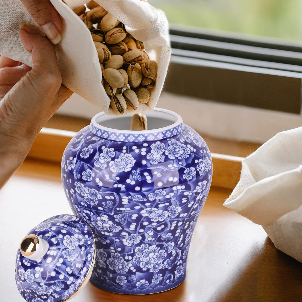 Chinese Ginger Jar with Lid Chinoiserie Antique Style,Home Decorative Retro Blue and White Porcelain Flowers Ceramic - Set of 4