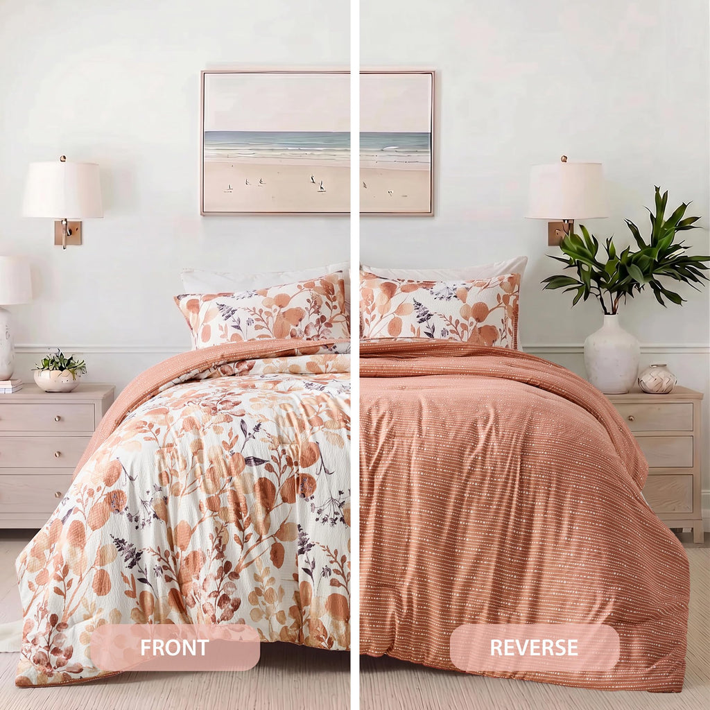 Lightweight Seersucker Botanical Comforter Set, 2 Pieces Reversible Design with Striped Print, Premium