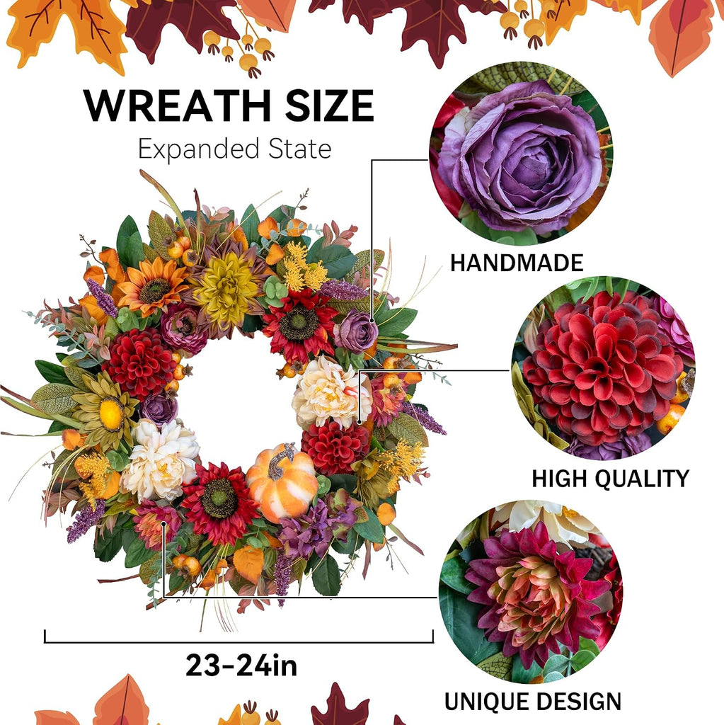 24 Inch Fall Wreaths for Front Door, Autumn Farmhouse Harvest Wreath