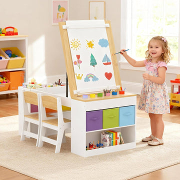 Kids Art Table and 2 Chairs Set, Wooden Craft Desk with 2 Storage Shelves, 6 Storage Bins & Paper Roll for Drawing
