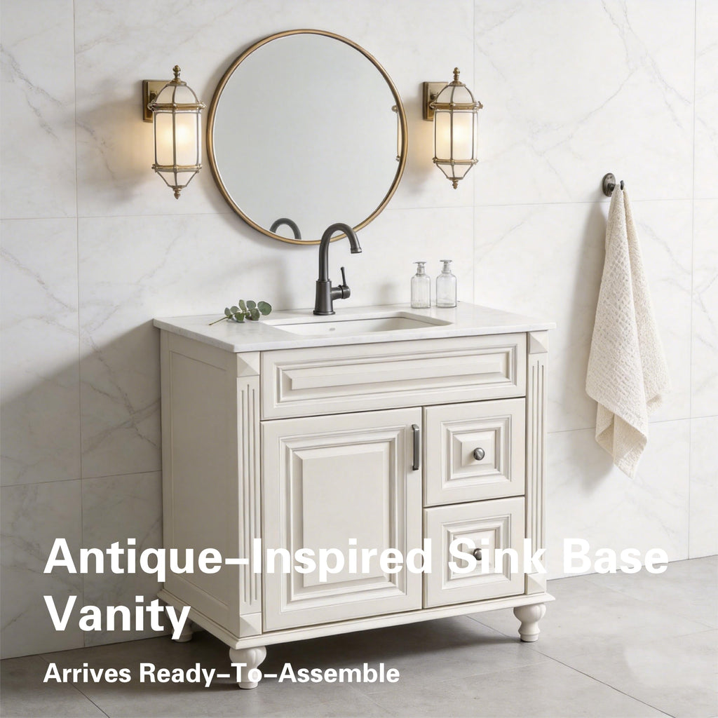 Antique White Solid Wood Single Bathroom Vanity Base Cabinet 30 inch W x 21 inch D x 32 inch H (Right Drawers)