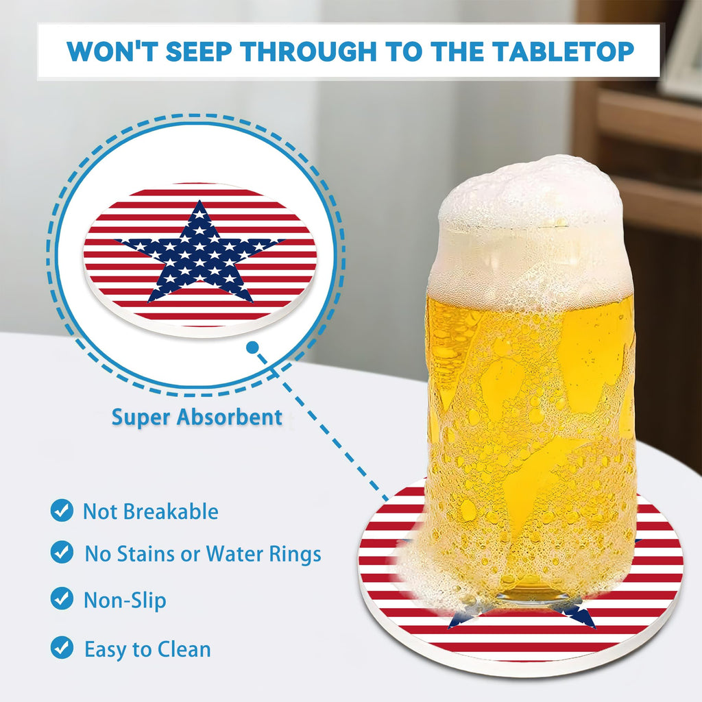 Patriotic Drinks Coasters Set of 4, Absorbent Ceramic Stone Coaster with Cork Base, Cute Coasters for Table Home
