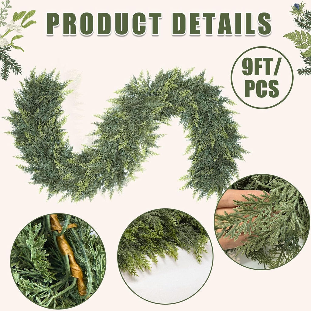 9 Ft Christmas Cedar Garland, Realistic Faux Pine Garlands, Green Artificial Greenery Garland for Winter Home