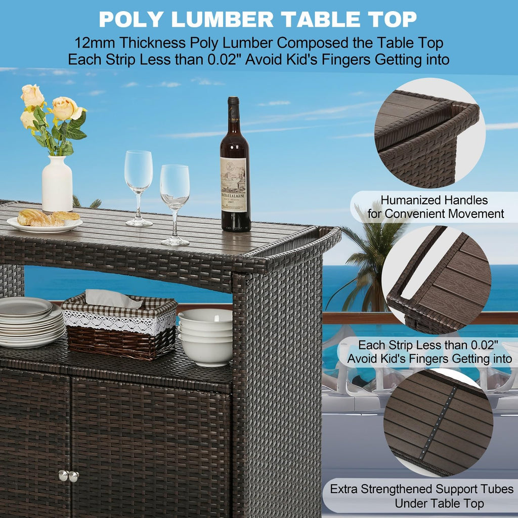 Outdoor Bar Cart with Storage Cabinet Patio Wicker Sideboard Buffet Cabinet Prep Table Outside Kitchen Serving Cart