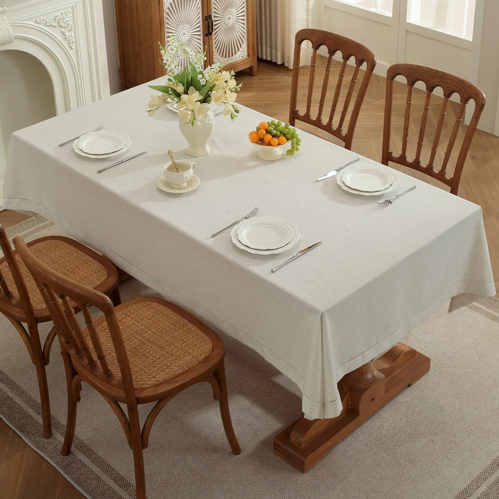 Linen Blend Rectangle Tablecloth - Handmade Hemstitch, 52" x 70"