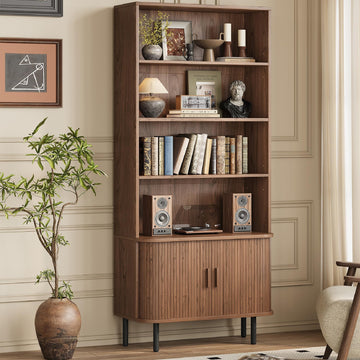 71" Tall Bookshelf with Cabinet, 5 Tier Fluted Bookcase Walnut